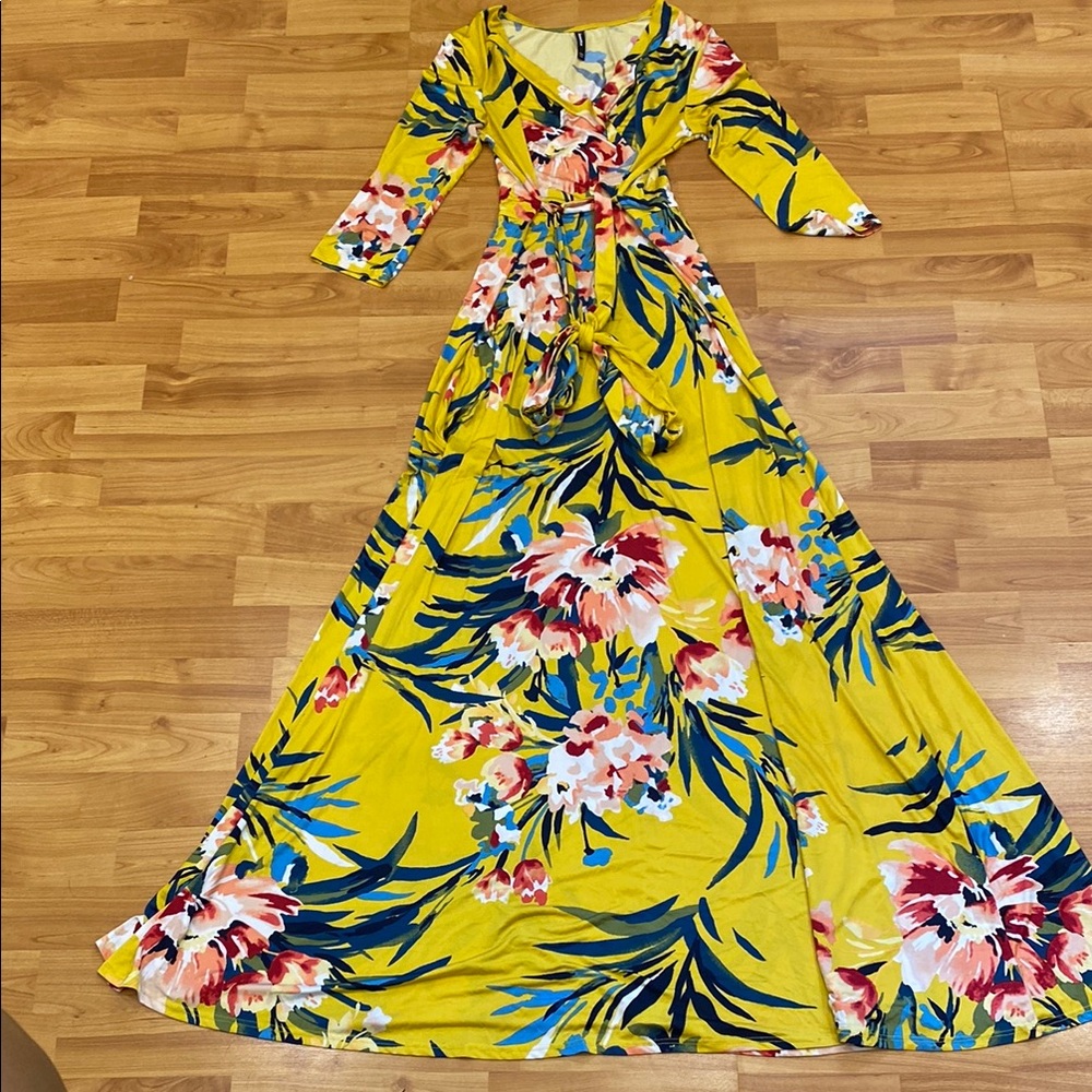 Janette Plus Yellow Pink Bell Sleeve Sundress
